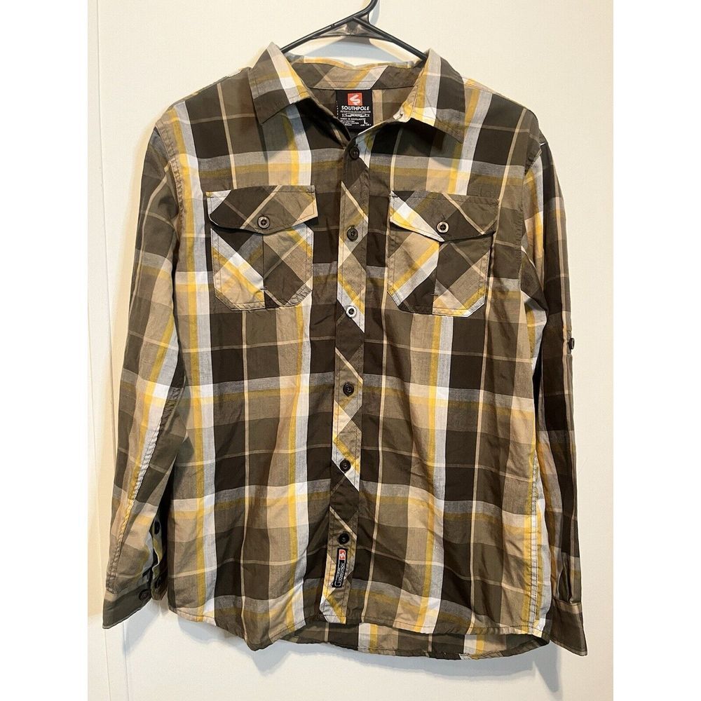South Pole Plaid Button down Yellow Brown Size Large Y2k Fashion‎
